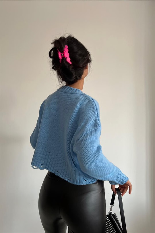 Saçaklı Crop Triko Kazak Bebe Mavi