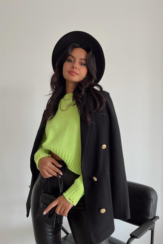 Saçaklı Crop Triko Kazak Neon Yeşil