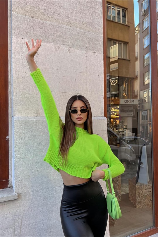 Saçaklı Crop Triko Kazak Neon Yeşil
