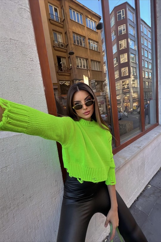 Saçaklı Crop Triko Kazak Neon Yeşil