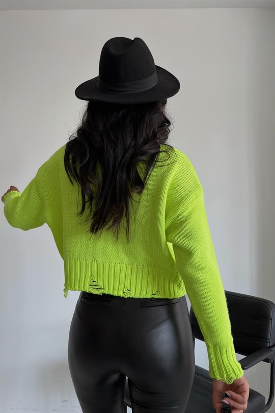 Saçaklı Crop Triko Kazak Neon Yeşil