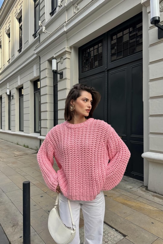 Selanik Örme Triko Kazak Pembe