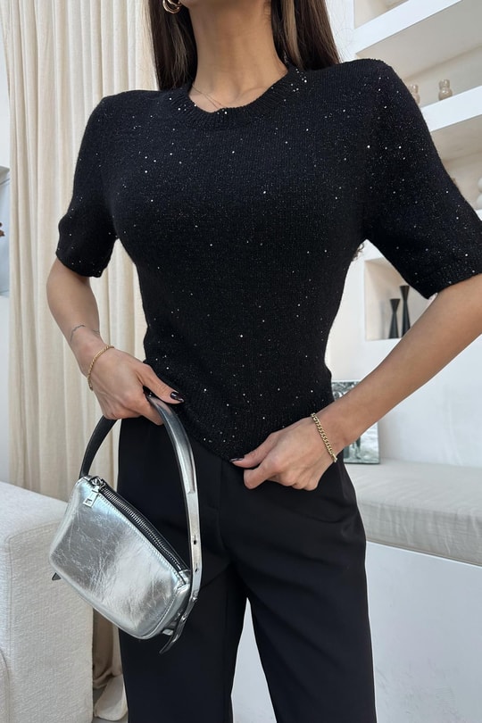 Shimmer Kısa Kol Kazak Siyah