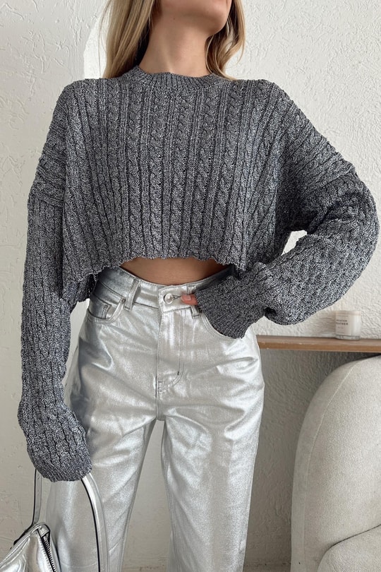 Simli Crop Triko Kazak Antrasit