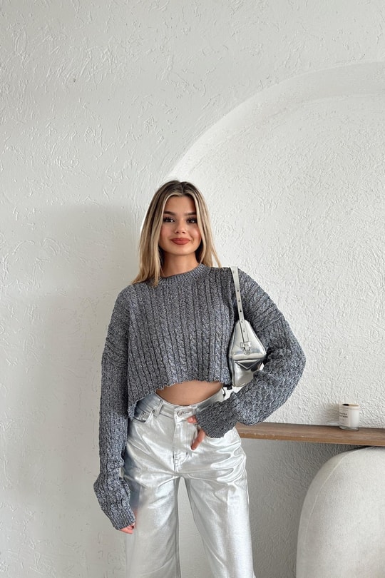 Simli Crop Triko Kazak Antrasit