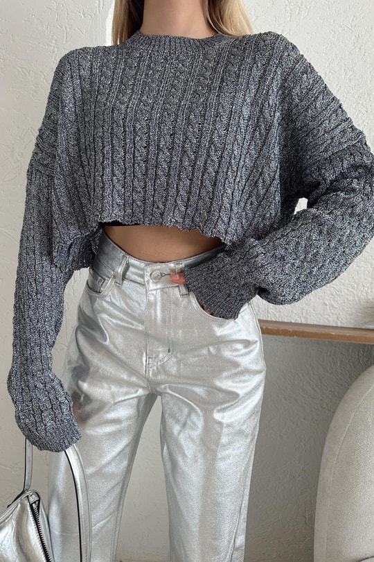 Simli Crop Triko Kazak Antrasit