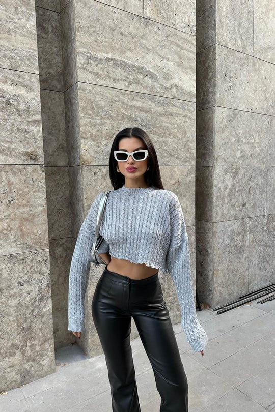 Simli Crop Triko Kazak Gri