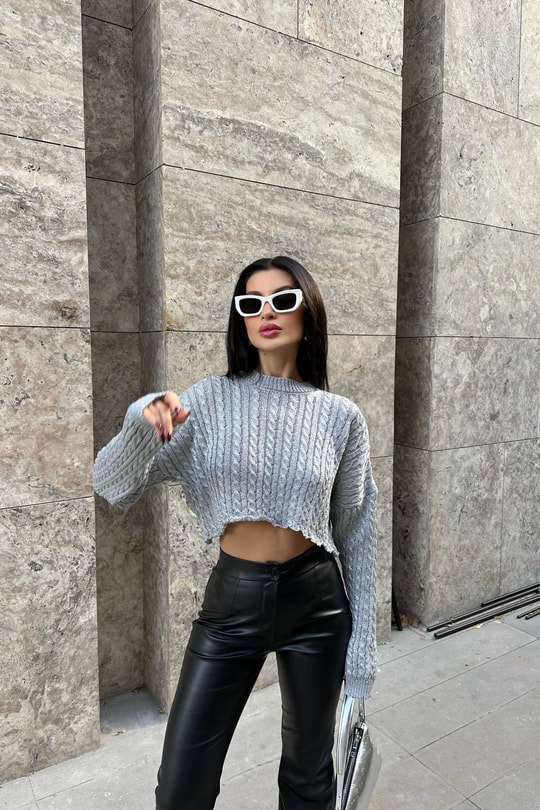 Simli Crop Triko Kazak Gri