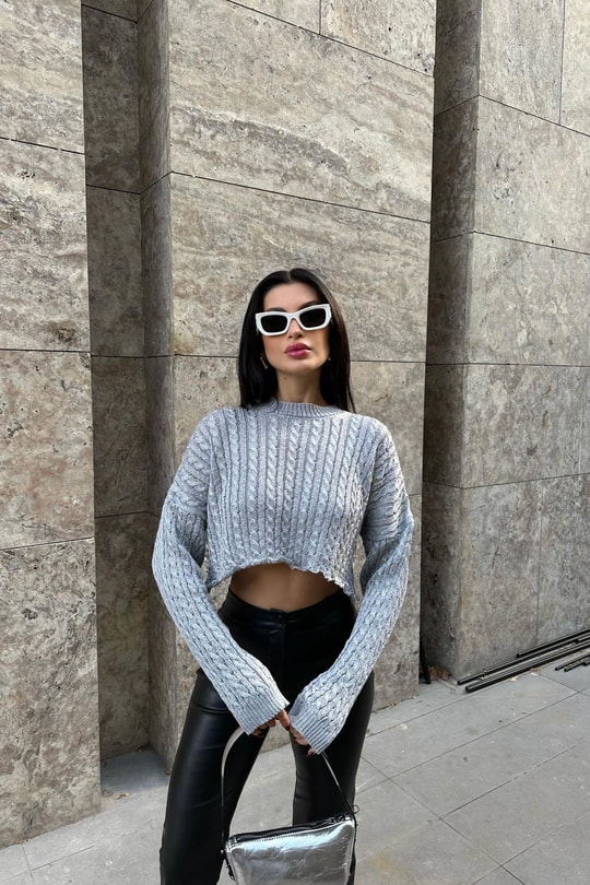 Simli Crop Triko Kazak Gri