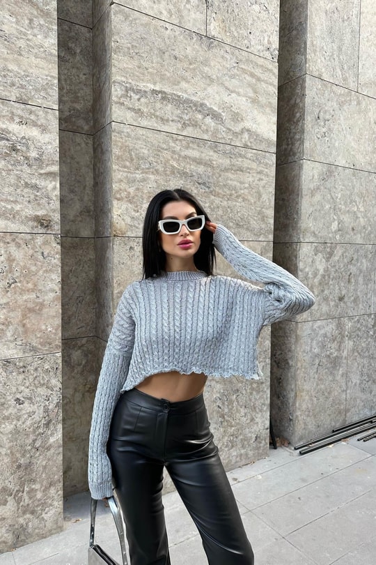 Simli Crop Triko Kazak Gri