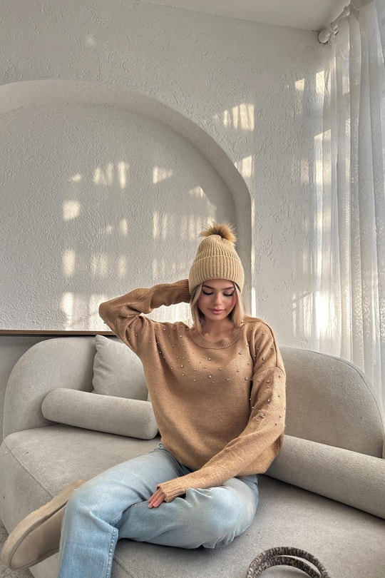 Taşlı Oversize Kazak Bej