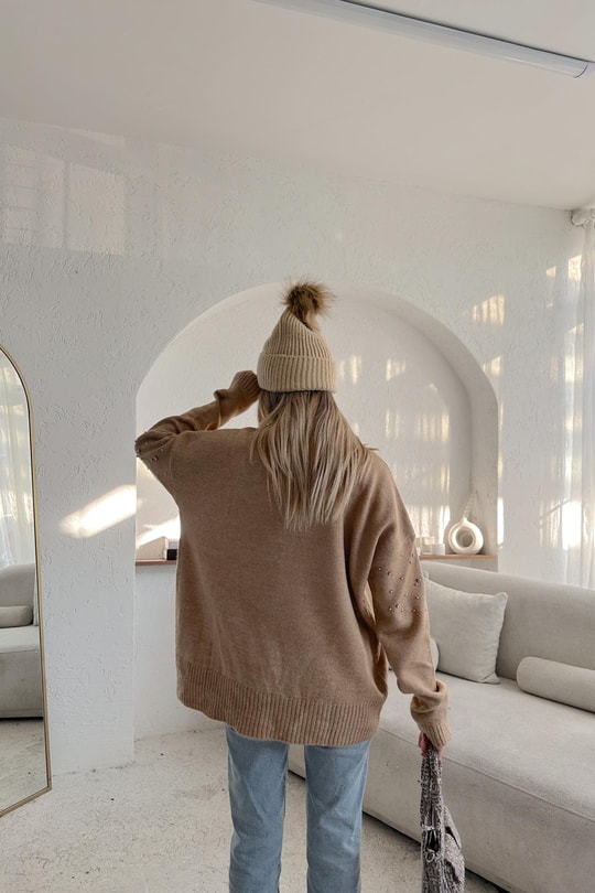 Taşlı Oversize Kazak Bej