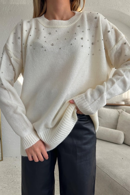 Taşlı Oversize Kazak Ekru