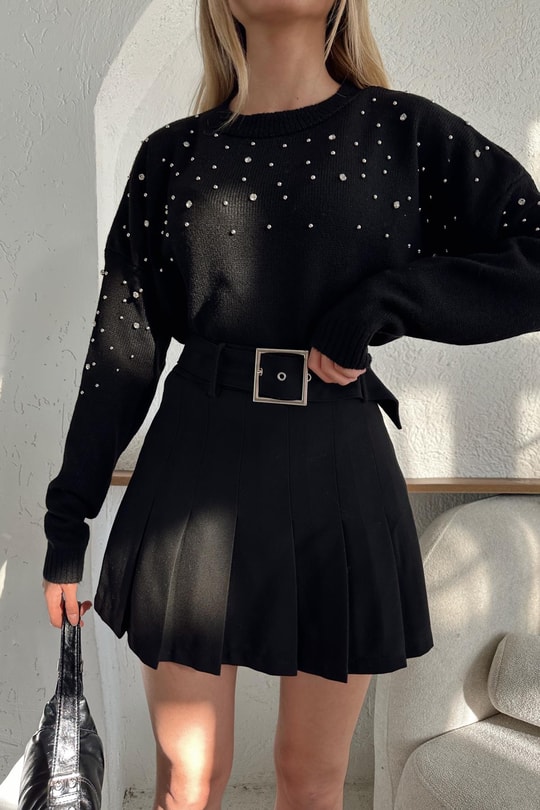 Taşlı Oversize Kazak Siyah