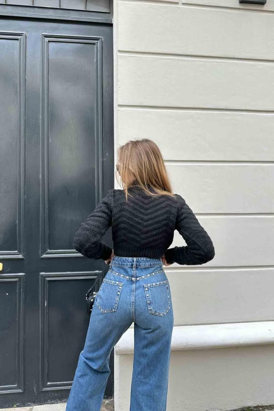 V Örgü Crop Triko Kazak Siyah