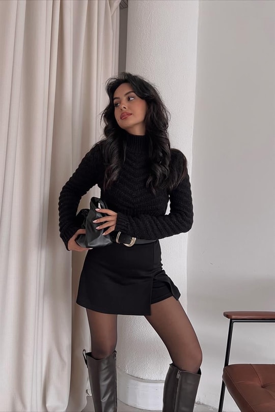 V Örgü Crop Triko Kazak Siyah