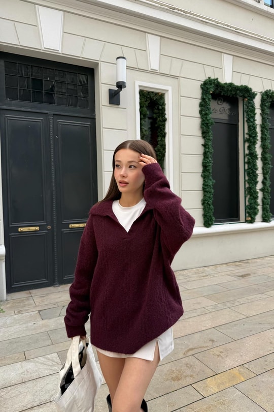 V Polo Yaka Kazak Bordo