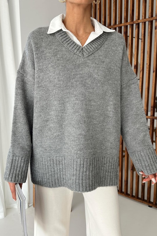 V Yaka Oversize Kazak Gri