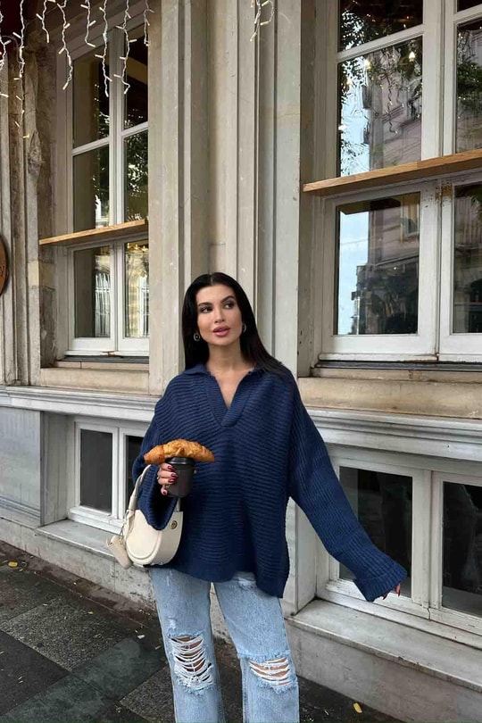 V Yaka Oversize Kazak İndigo