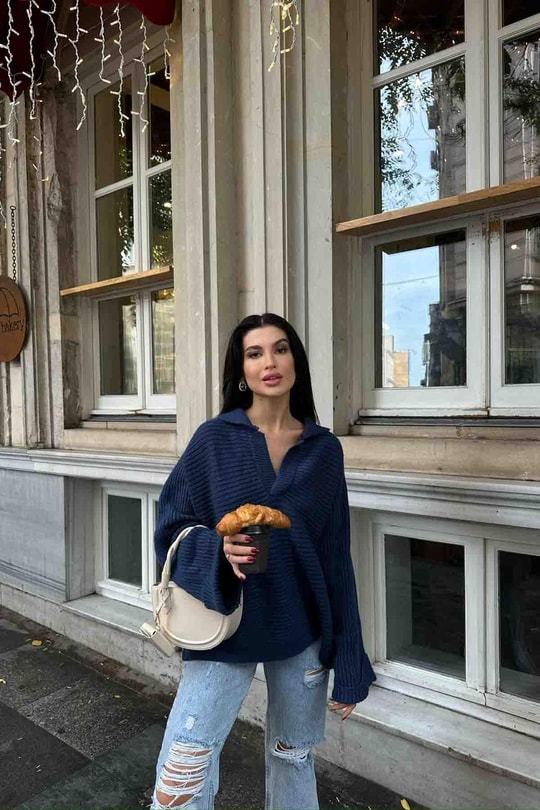 V Yaka Oversize Kazak İndigo