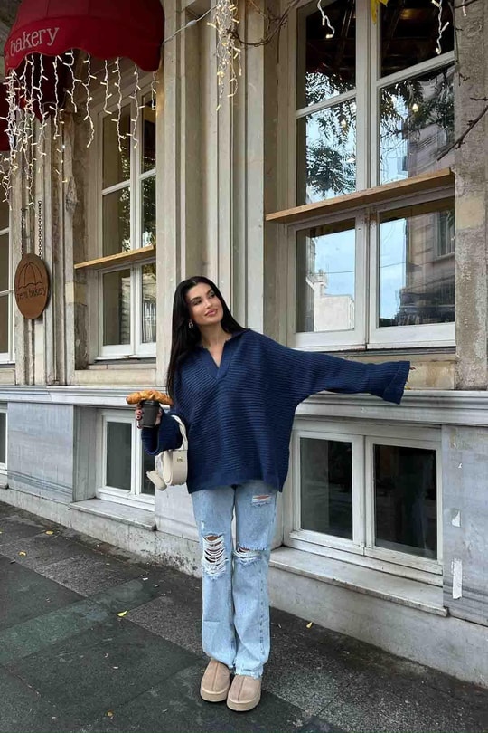 V Yaka Oversize Kazak İndigo