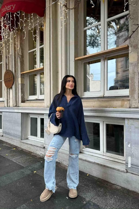 V Yaka Oversize Kazak İndigo