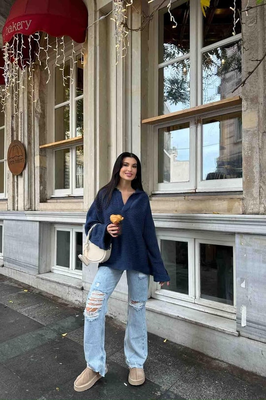V Yaka Oversize Kazak İndigo