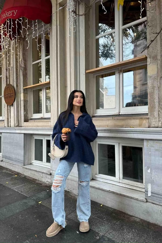 V Yaka Oversize Kazak İndigo