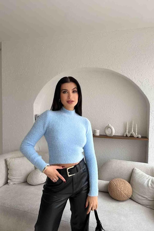 Yumoş Dik Yaka Kazak Bebe Mavi