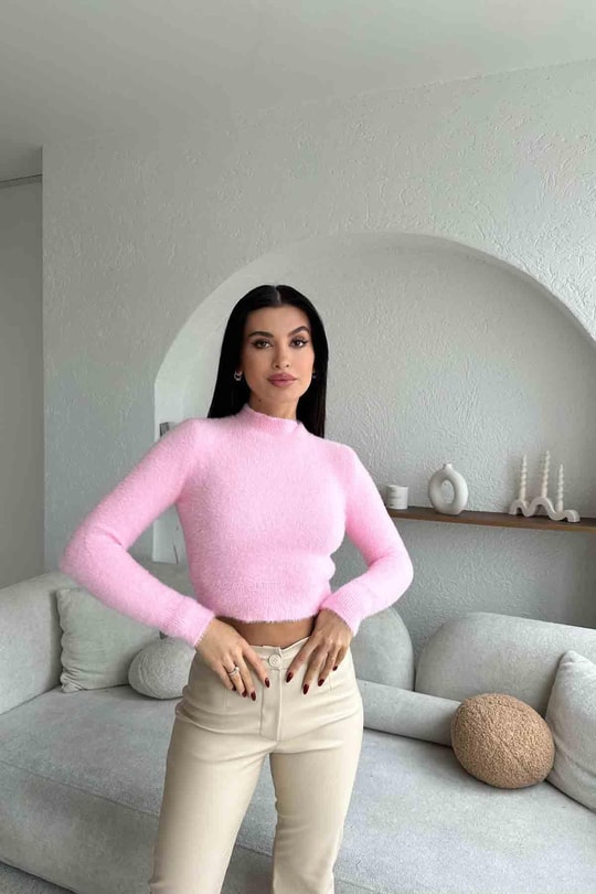 Yumoş Dik Yaka Kazak Pembe