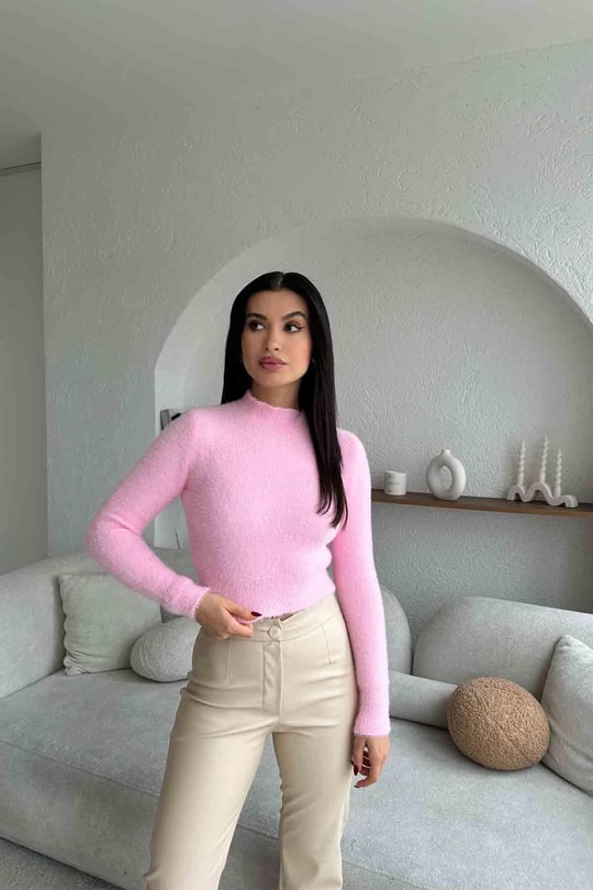 Yumoş Dik Yaka Kazak Pembe