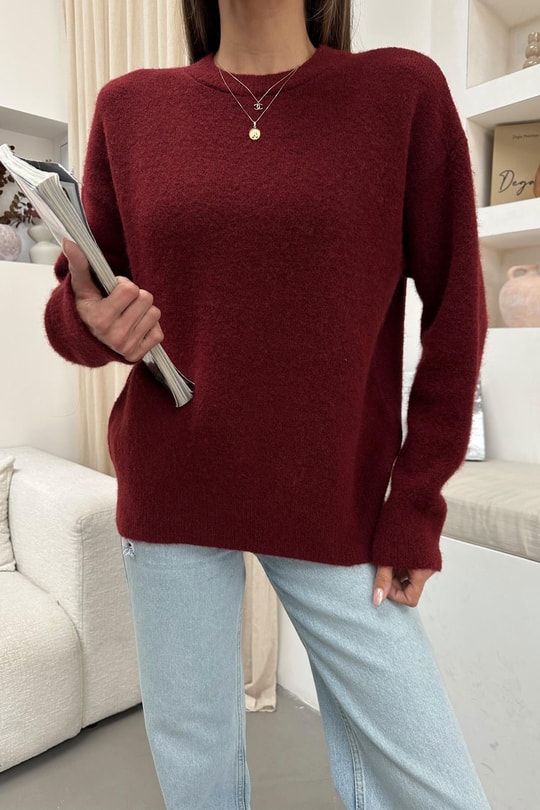 Yumuşak Tüylü Oversize Kazak Bordo