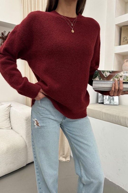 Yumuşak Tüylü Oversize Kazak Bordo