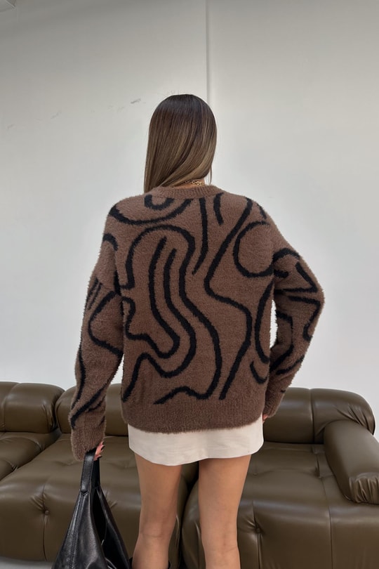 Zebra Desen Peluş Triko Kazak Kahverengi