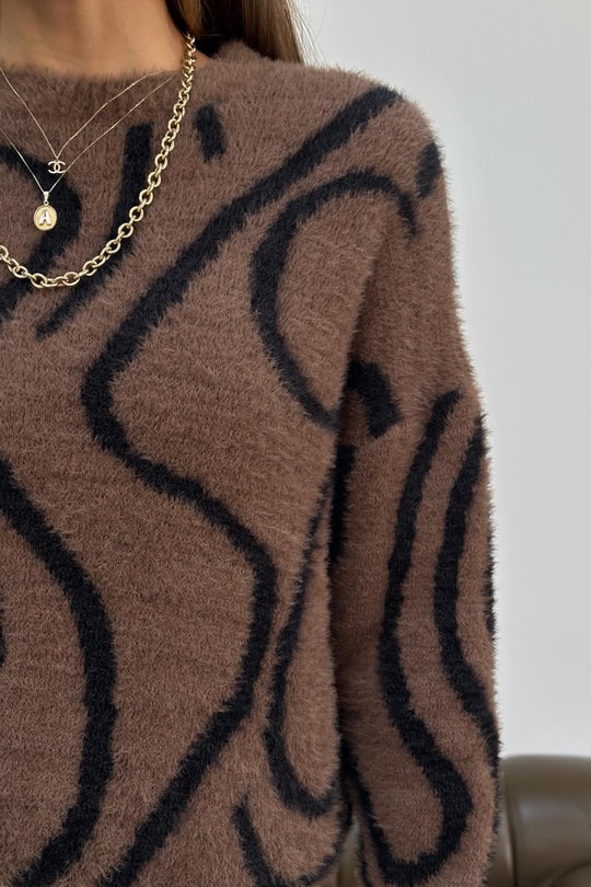 Zebra Desen Peluş Triko Kazak Kahverengi