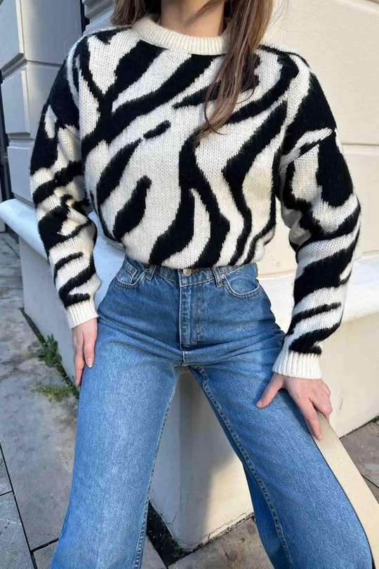 Zebra Yün Kazak Krem