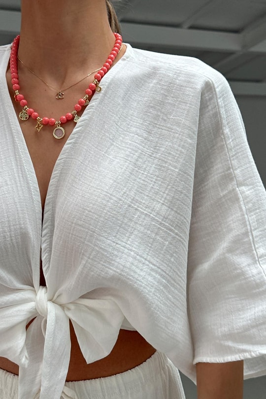 Bağlamalı Kısa Kimono Beyaz