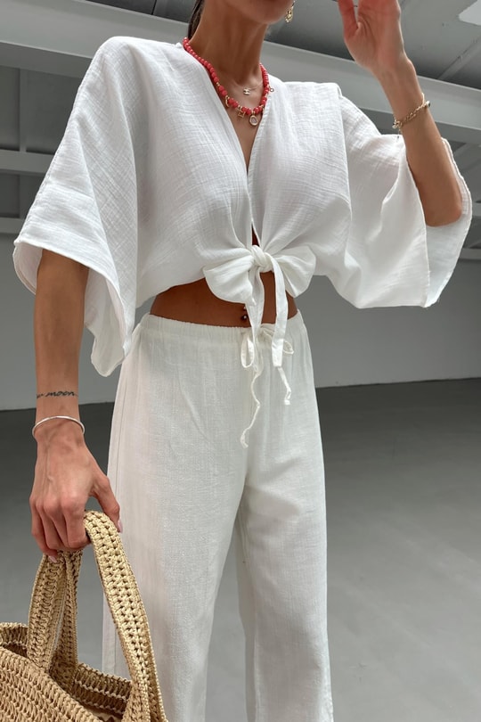 Bağlamalı Kısa Kimono Beyaz
