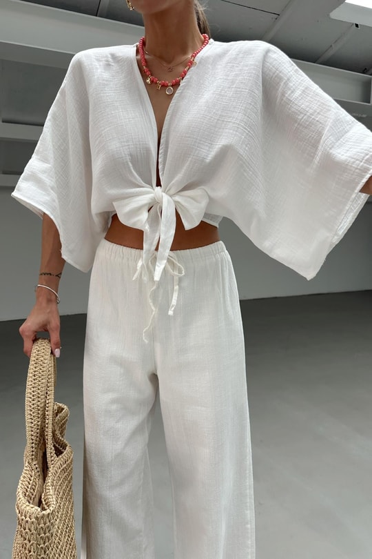 Bağlamalı Kısa Kimono Beyaz