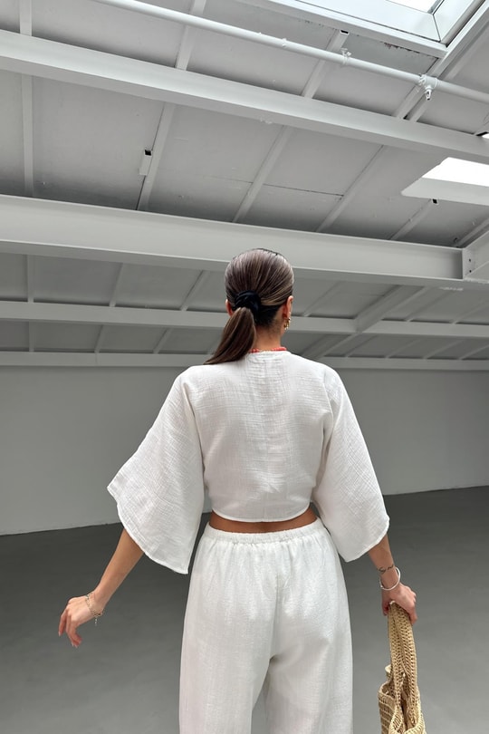 Bağlamalı Kısa Kimono Beyaz