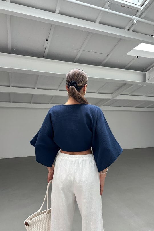 Bağlamalı Kısa Kimono Lacivert
