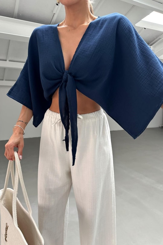 Bağlamalı Kısa Kimono Lacivert