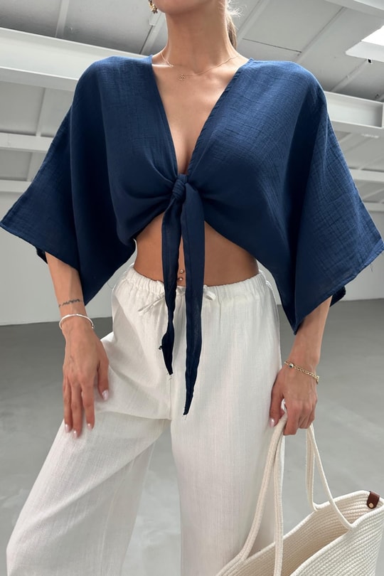 Bağlamalı Kısa Kimono Lacivert