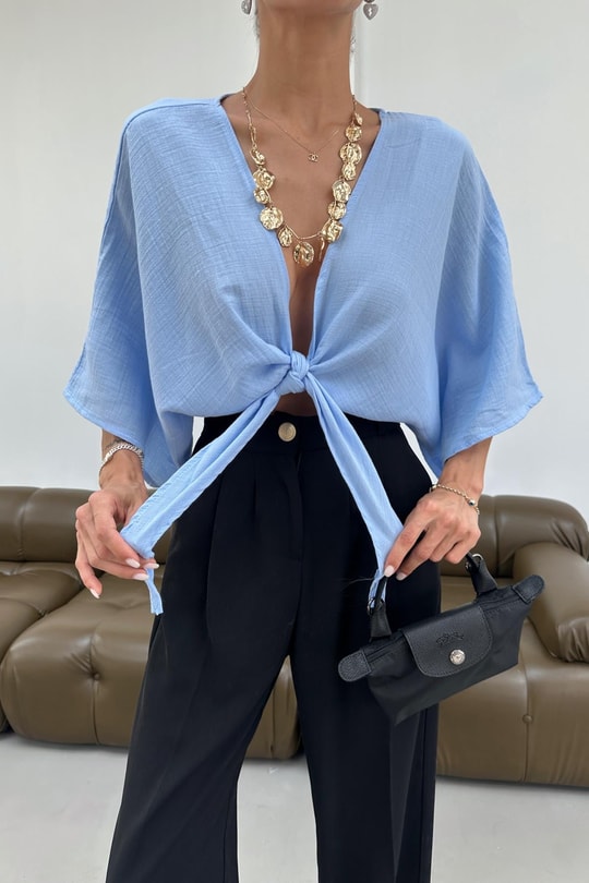 Bağlamalı Kısa Kimono Mavi