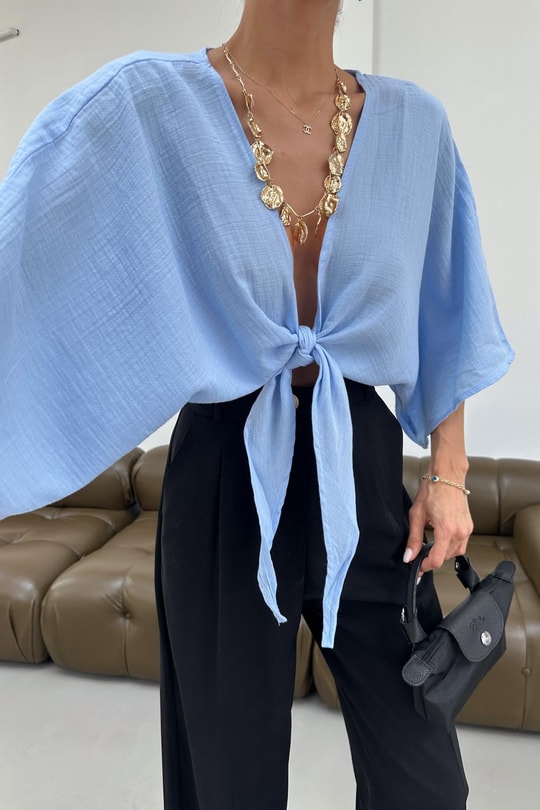 Bağlamalı Kısa Kimono Mavi