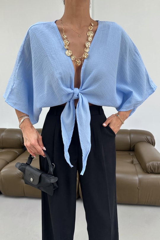 Bağlamalı Kısa Kimono Mavi