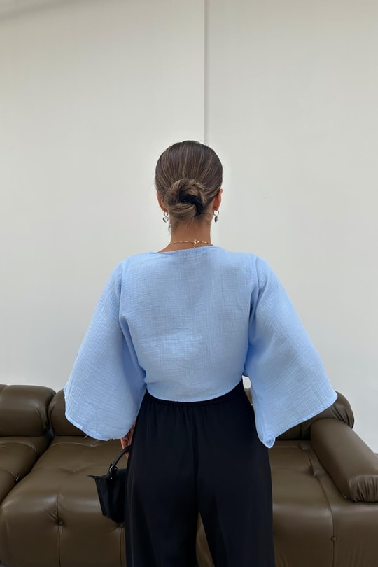 Bağlamalı Kısa Kimono Mavi