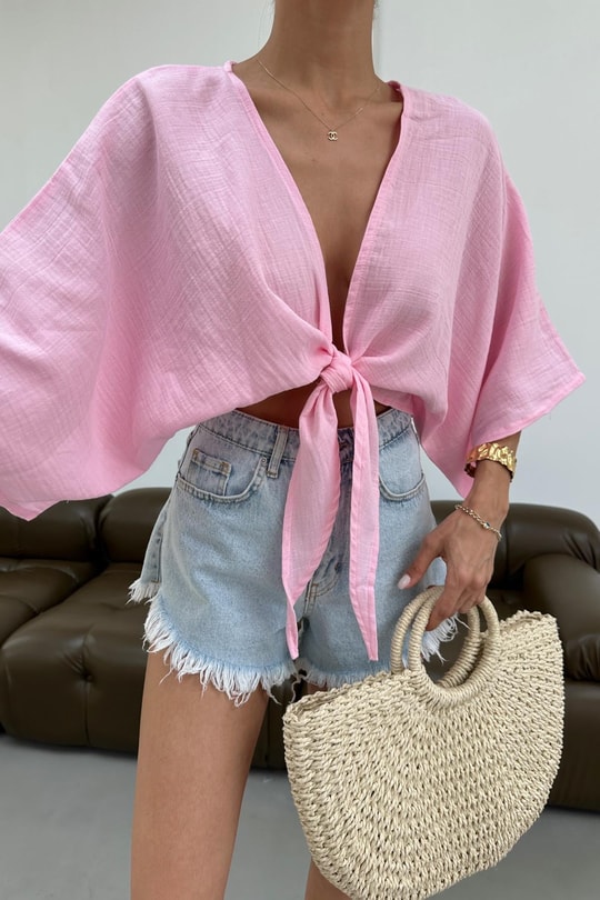 Bağlamalı Kısa Kimono Pembe