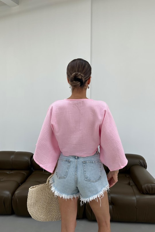 Bağlamalı Kısa Kimono Pembe