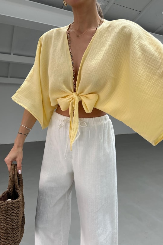Bağlamalı Kısa Kimono Sarı